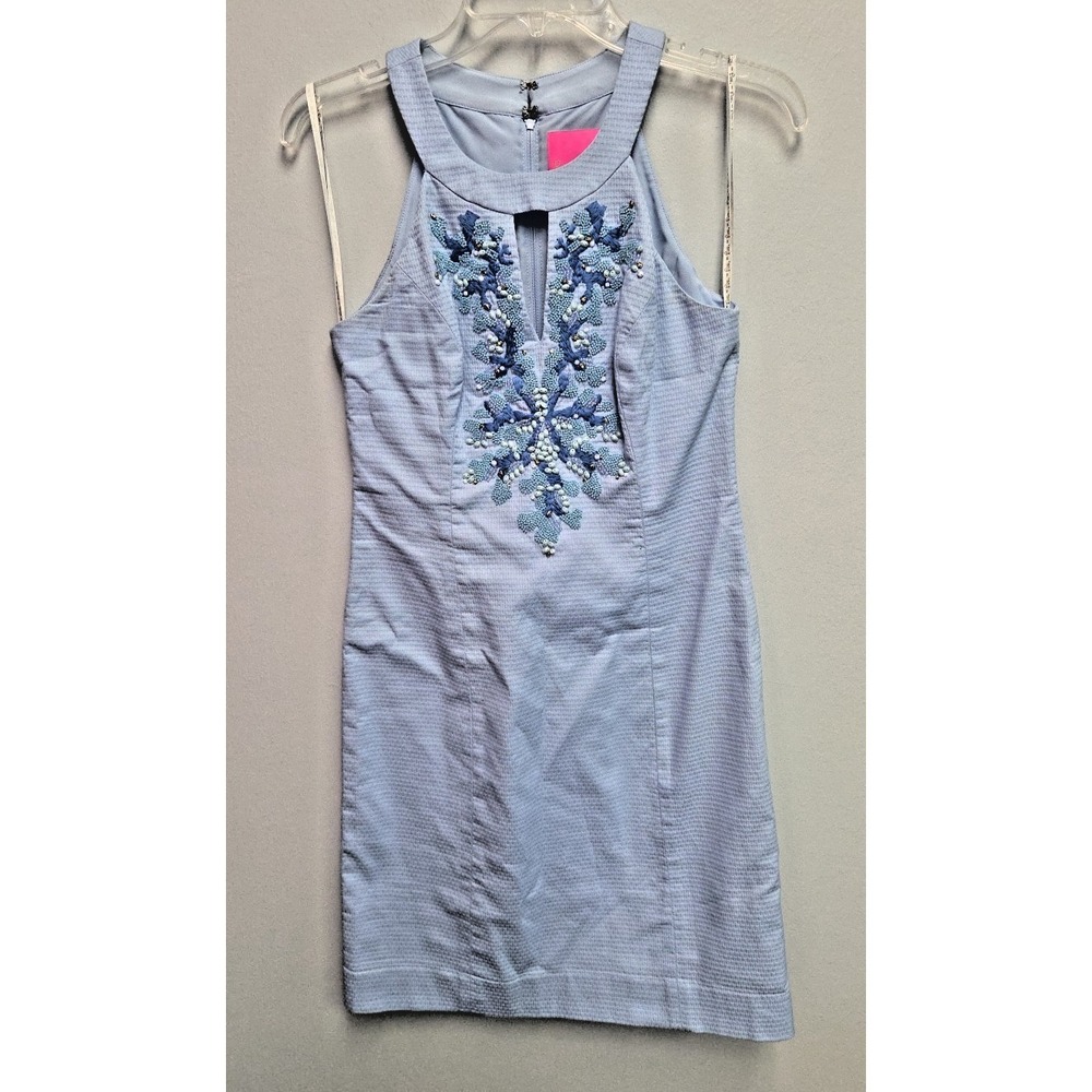 Lilly Pulitzer Jena Stretch Shift Dress Sz 2 Blue Peri Tint Beaded Halter Neck